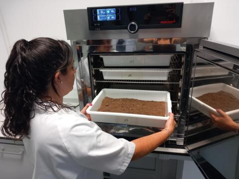 técnico de laboratorio realizando análisis de suelos