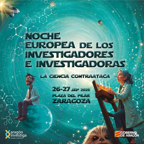Logo Noche Investigadores-as 2025 - Plaza del Pilar Zaragoza, La Ciencia Contraataca